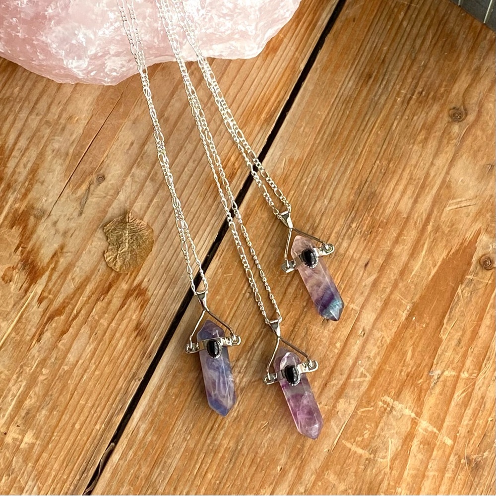 Rainbow Flourite Sterling Silver Necklace Purple Pink 20” - Picture 3 of 15